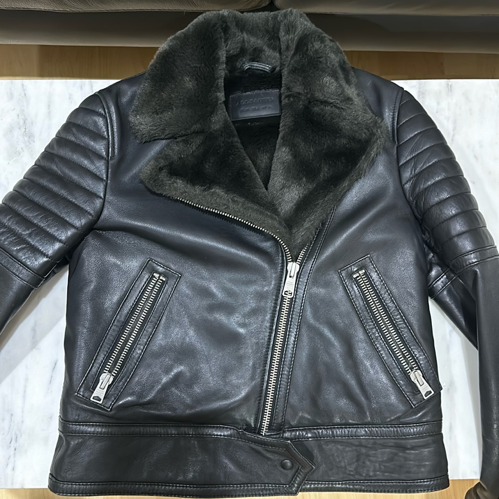 Allsaints Black Leather Moto Jacket With Shearling Collar